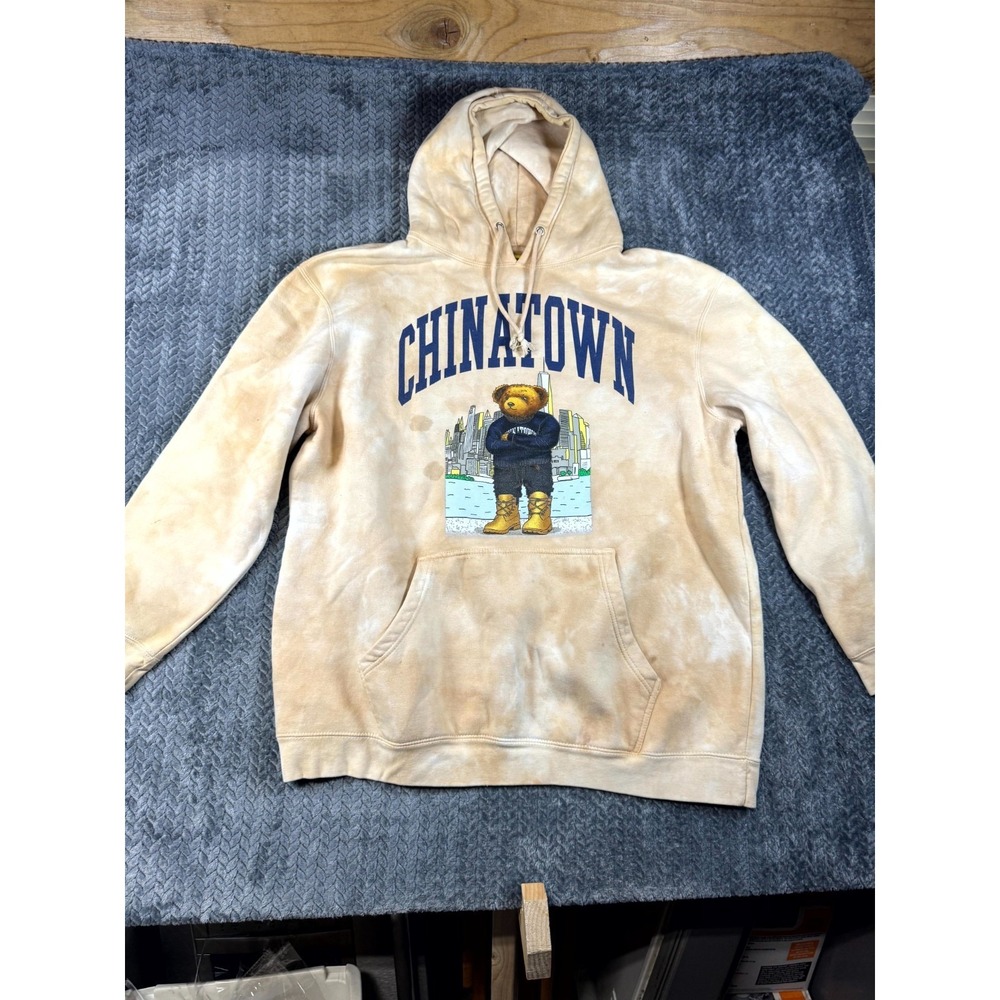 Chinatown Market Bear Hoodie Mens 2XL Beige Tie Dye Kangaroo Pocket Fleece Lined